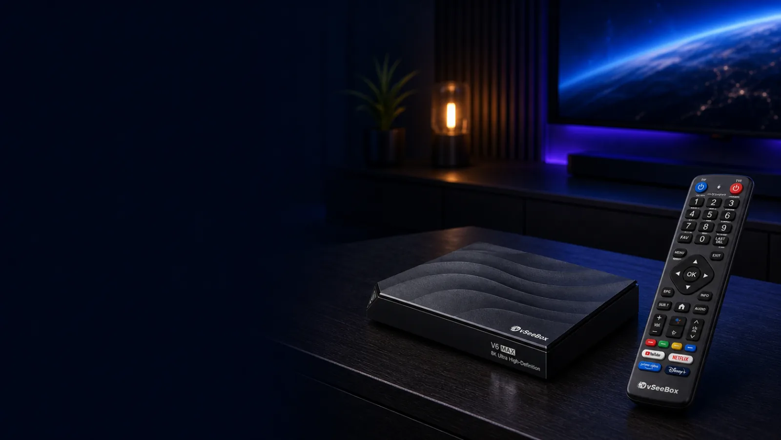 vSeeBox V6 Max streaming box and remote in a blue-lit home entertainment room